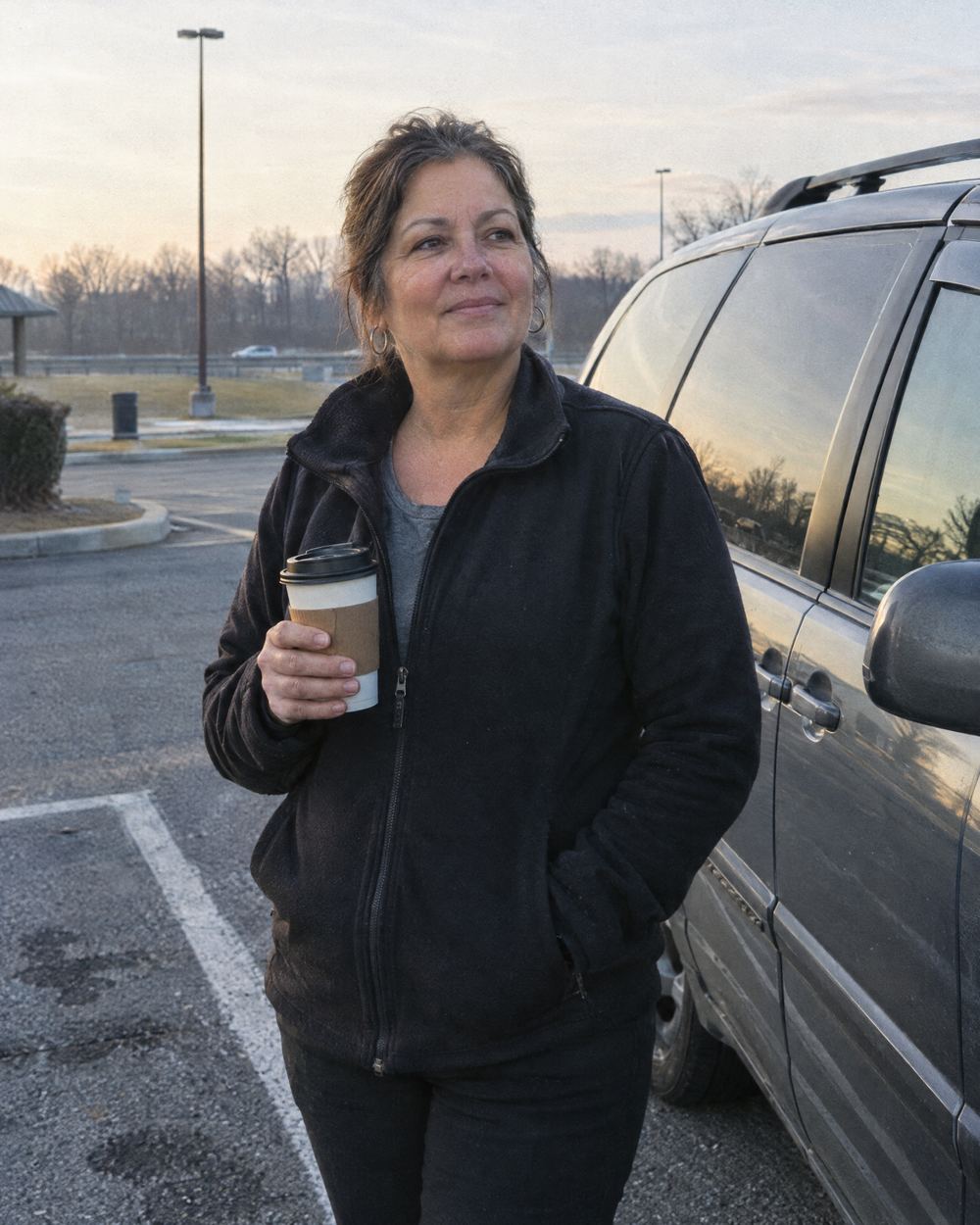 A driver holding a coffee beside her minivan in the early morning
