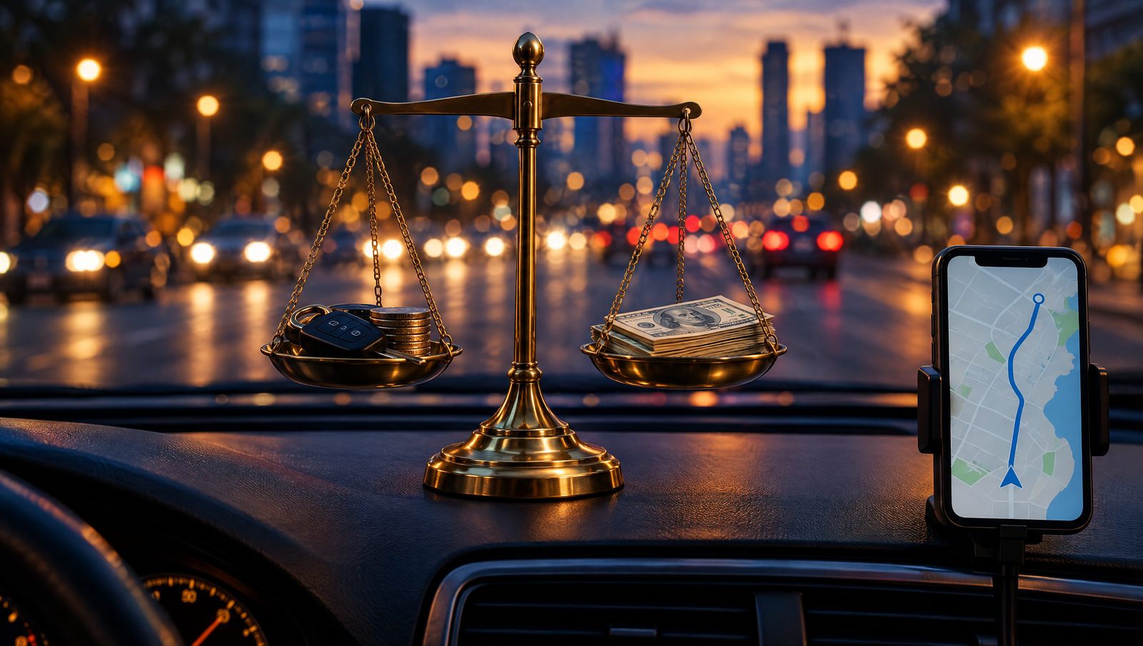 A brass scale of justice on a rideshare driver's dashboard, balancing a car key and coins against a stack of cash, with a phone navigation map and city traffic at dusk
