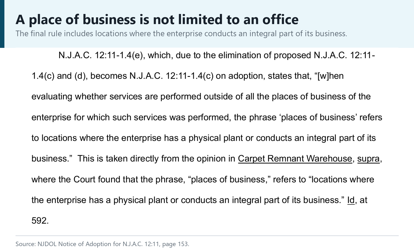 Excerpt from the final New Jersey rule defining places of business to include locations where an integral part of the business occurs