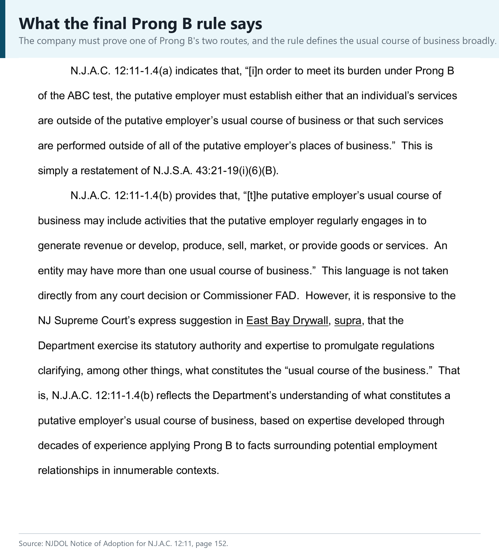 Excerpt from the final New Jersey Prong B regulation explaining usual course of business