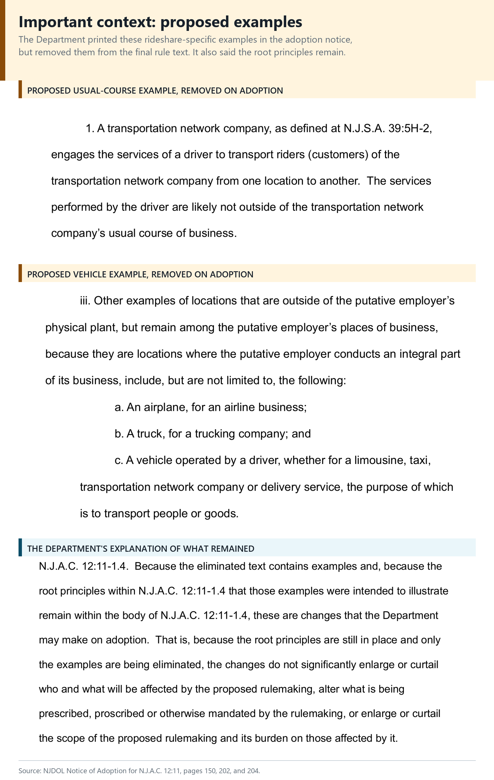 Rideshare examples proposed by New Jersey, removed from the final rule text, and the Department's explanation that the root principles remain